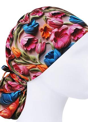 Медицинская шапочка шапка женская хлопковая универсальная для длинных волос принт тюльпаны 3d