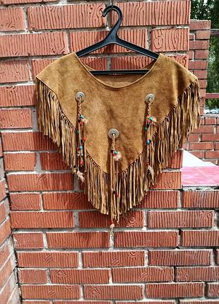 Эксклюзивное замшевое пончо / накидка с бахромой tabino’s leather clothing (бохо / вестерн / ковбойский стиль)