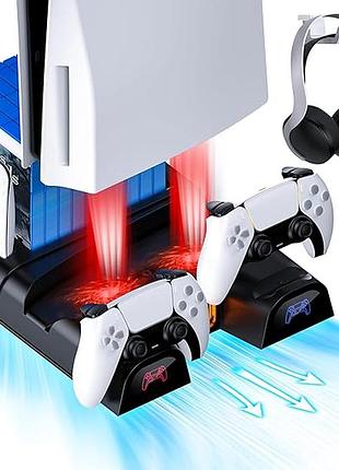 Багатофункціональна підставка для ps5 / ps5 slim від nexigo (з охолодженням, зарядкою для 2 геймпадів, органайзером, чорна)
