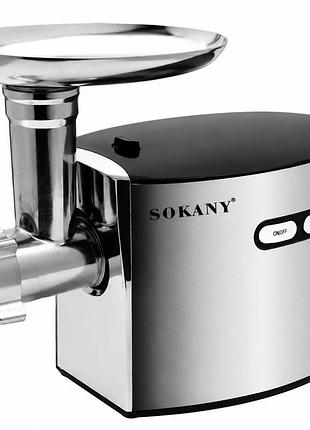 Електрична м'ясорубка sokany sk-091 2500 вт, з функцією реверсу, насадками для ковбас та кеббе, срібляста