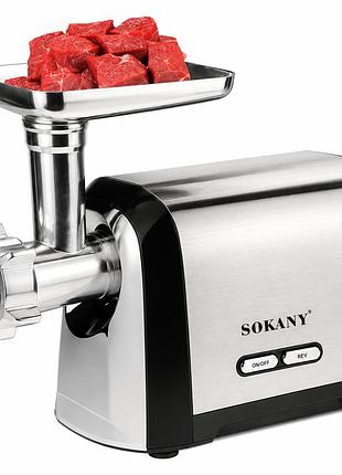 М'ясорубка електрична sokany sk-088, 3200 вт, реверс, 3 решітки, насадка для ковбас, корпус із нержавіючої сталі
