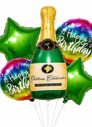 Набір фольгованих повітряних кульок happy birthday із шампанським зеленим 5 шт
