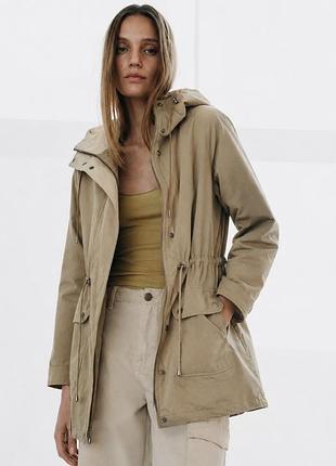 Куртка парка primark xs, s, бежевая, на молнии, осенняя курточка с капюшоном, на кулиске, с затяжкой на талии, дождевик парка курточка жіноча брендова
