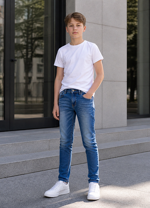 10-12 лет детские джинсы унисекс синего цвета узкие стрейчевые best denim nik60