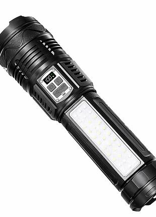 Мощный тактический фонарь 15000mah с led дисплеем, cob подсветкой и power bank, usb-c