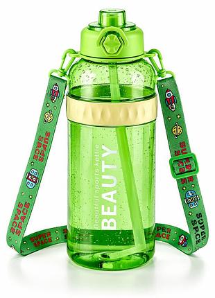 Бутылка beauty 1500 мл для активного отдыха с трубочкой и стильным ремнем салатовая