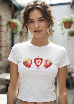 Топ білий slim fit з полуницями