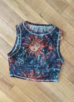 🌞 shein жіноча майка топ. сонячний абстрактний принт у сіточку , легкий еластичний матеріал, яскравий літній акцент.