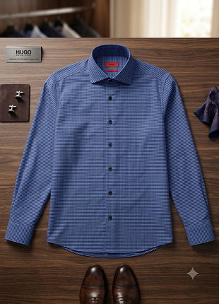 Стильная мужская рубашка hugo boss (slim fit) в мелкую клетку, р.40, м/л