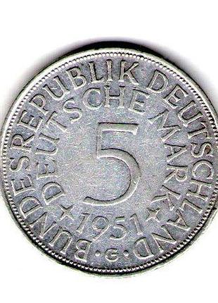 Западная германия (фрн) 5 марок, 1951 год серебро 0.625, 11.2g, ø 29mm no3903