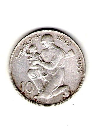 Чехослова ø чехословацкая республика (| sr) 10 крон, 1955 10-я годовщина - освобождение от германии серебро 0.500, 12g, no3889