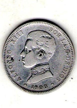 Испания ø король альфонс xiii 2 песеты, 1905 год серебро 0.835, 10g, ø 27mm no3883