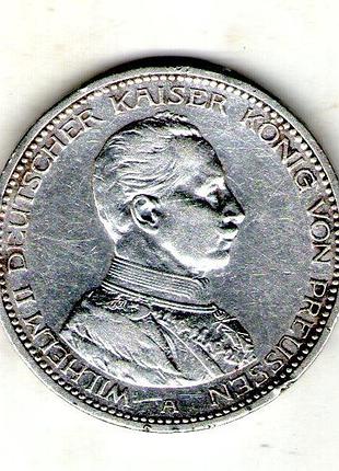 Немецкая империя ø пруссия вильгельм ii 5 марок, 1913 год серебро 0.900, 27.77g, ø 38mm no4181