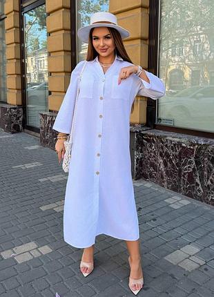 Женское летнее длинное льняное свободное платье-рубашка на пуговицах белое