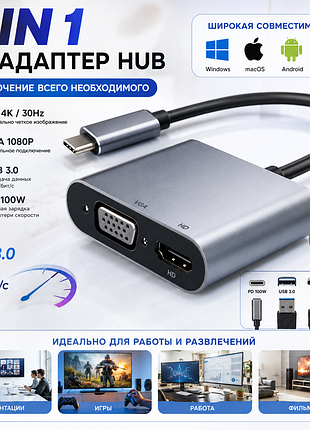 Багатофункціональний type-c хаб 4-в-1: hdmi, vga, usb 3.0, pd