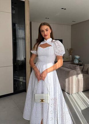 Женское летнее белое, длинное изысканное платье из прошвы