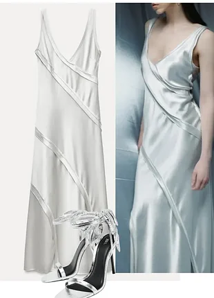 Вечернее атласное платье zara р.м,р,s серебристое платье макси приталенный асимметрический крой