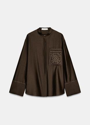 Сорочка з кишенею та вишивкою zw collection коричневий4786/026/700 с