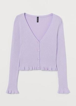 Кофта кардиган h&m xs, s, m, топ на пуговицах с длинным рукавом, с оборками, вискоза коттон, сиреневый, лиловый, фиолетовый джемпер, свитер