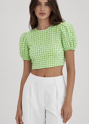Топ блуза bershka, s, m, l, зелёный в белую клетку, рукава фонарики, открытая спина на завязках, кроп топ, укороченный топ рубашка, блузка, футболка