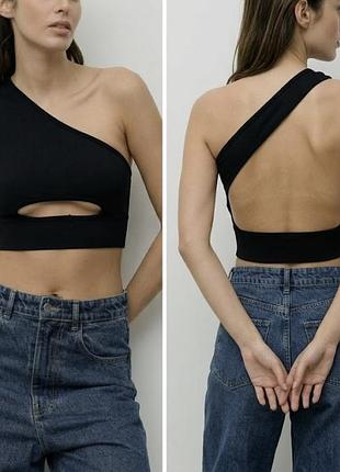 Жіночий трикотажний топ на одне плече з відкритою спинкою pretty little things чорний трикотаж якісний топ на одне плече