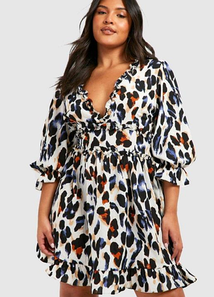 Новое женское легкое платье батал, модель boohoo plus с леопардовым принтом, рюшами и расклешенным подолом р.18/46