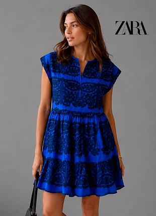 Новое синее платье оверсайз с оборками и вышивкой zara l