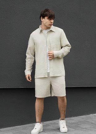 Стильный мужской летний комплект рубашка + шорты staff tas light beige stripes