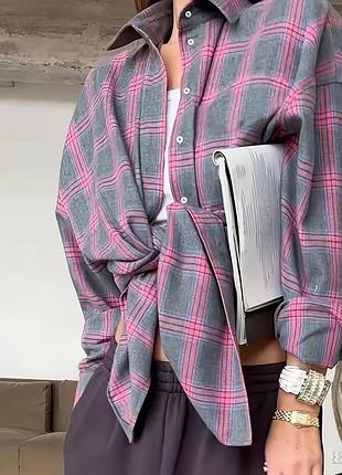 Сорочка жіноча клітинка oversize ххl  рожевий,сірий  трендова