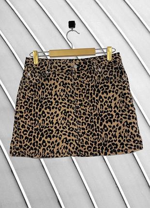 Женская джинсовая юбка трапеция topshop 40 l xl оригинал топ-оп стан идеал леопардовая джинс леопард принт короткая летняя 48 50