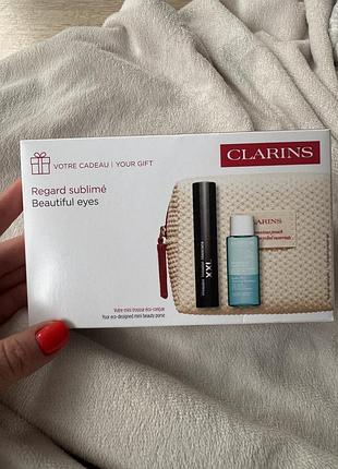 Набір clarins beautiful eyes — туш wonder volume mascara xxl + засіб для зняття макіяжу + косметичка, новий