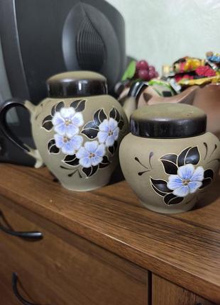 Вінтажний керамічний чайний набір (чайник та цукорниця), майоліка
