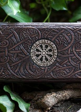 Деревянная шкатулка с кельтским дизайном "runic aegishjalmur metal".