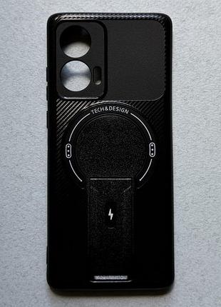 Motorola edge 50 fusion чехол tech&design противоударный, черный, матовый пластик с ножкой подставкой