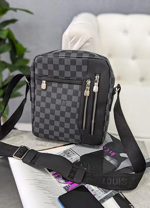Сумка чоловіча louis vuitton через плечо чорно-сіра клітка