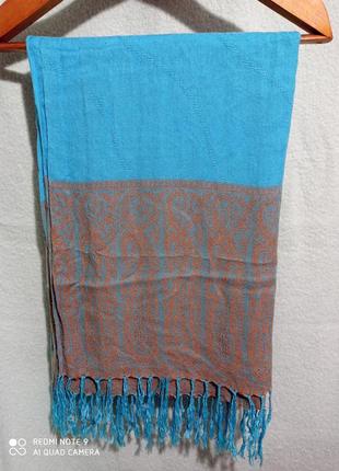 Вискозный голубой коричневый палантин шарф пейсли вискоза віскоза віскозний