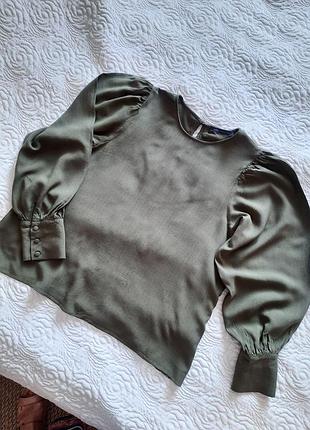 Блузка marks&spencer m&s віскоза блуза сорочка кофточка р. 14 42 xl базова оливка хакі довгий рукав пишні рукава