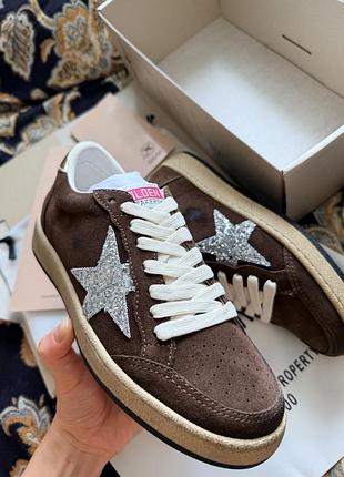 Жіночі кеди golden goose ball star  шоколадні замш коричневі зірка з глітеру нові