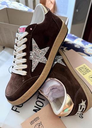 Жіночі кеди golden goose ball star  шоколадні замш коричневі зірка з глітеру нові