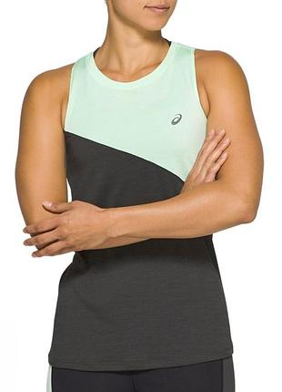 Жіноча спортивна майка asics tokyo tank виконана з двоколірним діагональним дизайном у чорному та м'ятному кольорах