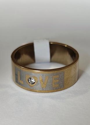 Каблучка love ❤️ из нержавеющей стали с декоративной вставкой, золото-серебристая, размер 18+подарочная коробочка