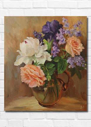 Картина маслом "летний букет", 40×35 см, холст на подрамнике, масло. василькова алла