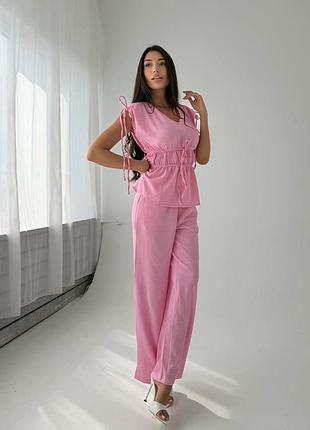 Костюм жіночий з блузкою / тканина: креп - жатка / розмір: 42-44,46-48 / кольори: лимон, барбі, оливка, блакитний