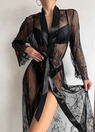 Халат женский черный прозрачный кружевной elegant l