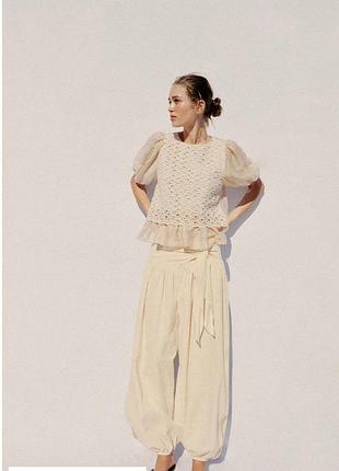 Женские летние бежевые льняные брюки шаровары zara