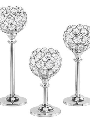 Комплект подсвечников lesko jy-0307 silver металлические высокие 3 предмета с хрустальными колбами 5шт
