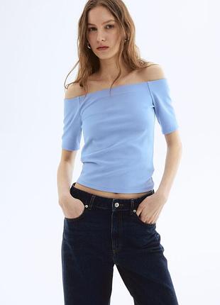 Голубой трикотажный плотный топ футболка с открытыми плечами h&amp;m #4806