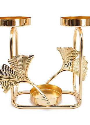 Металлический подсвечник lesko jy-002698-b gold в форме гинкго листьев для чайных свечей под 3 свечки 5шт