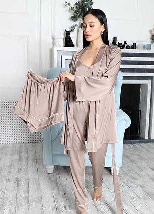Шовковий домашній комплект-четвірка qc brand (халат, штани, шорти, майка)