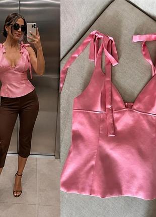 Неймовірно ніжний атласний рожевий топ zara з романтичними бретелями-зав'язками на банти блузка топ корсет
